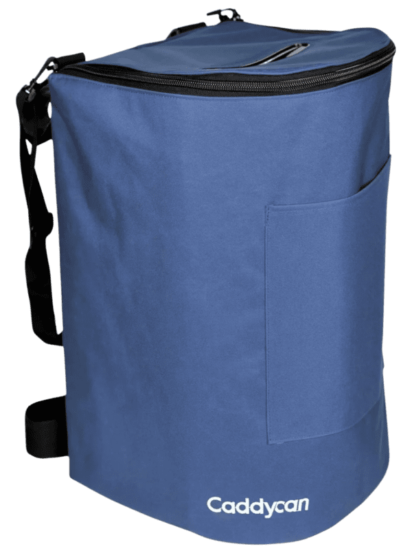 A blue bag with a black handle and pocket.