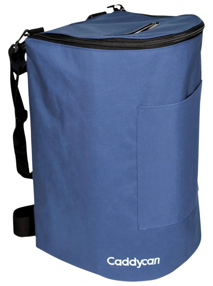 A blue bag with a black handle and pocket.