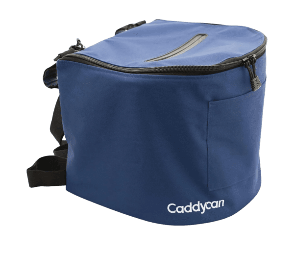 A blue bag with the words caddycam on it.
