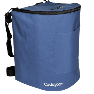 A blue bag with the words caddycan on it.