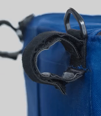 A close up of the handle on a blue bag